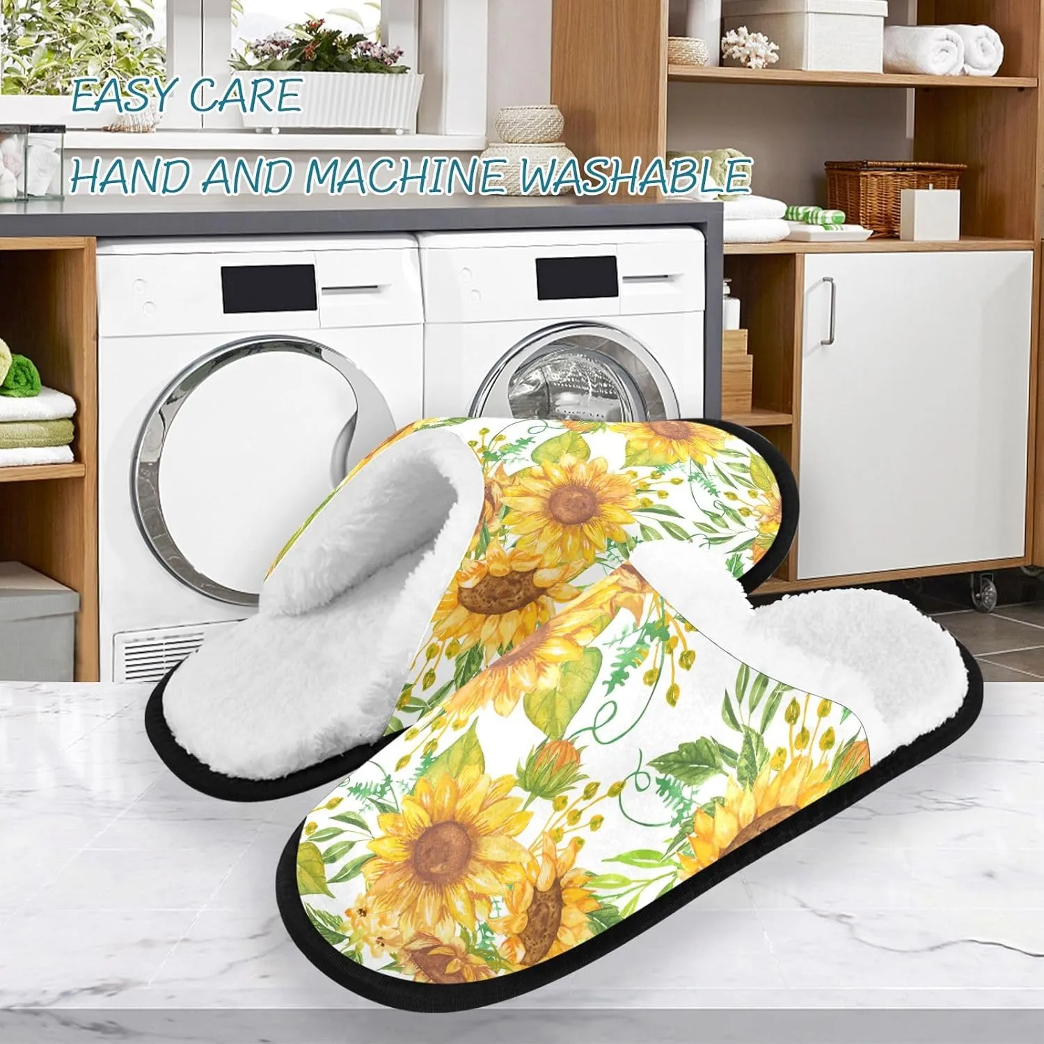 Yellow Sunflowers Green Leaves Home Slippers Women Cotton Home Slippers House Shoes for Guests Size 5 to 8