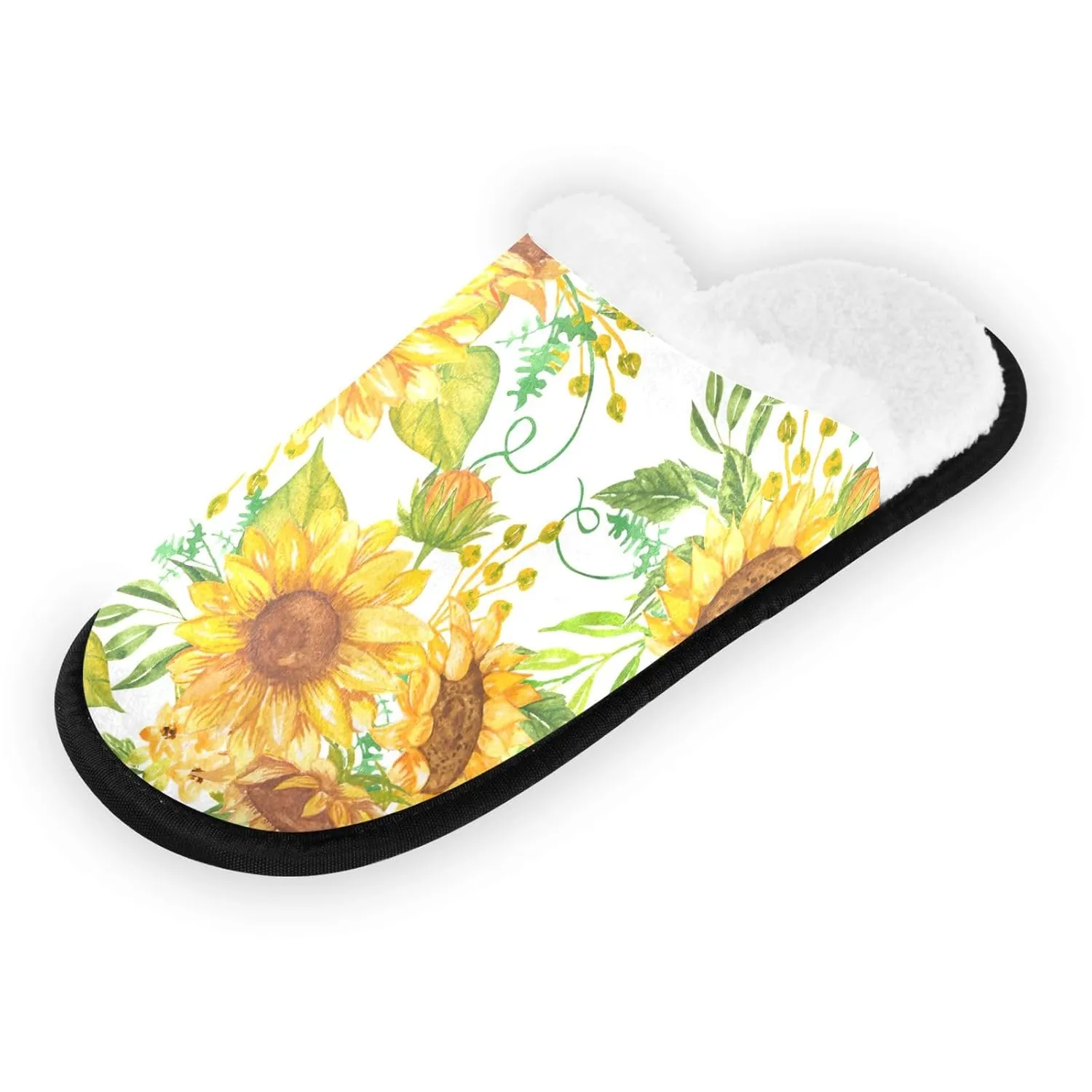 Yellow Sunflowers Green Leaves Home Slippers Women Cotton Home Slippers House Shoes for Guests Size 5 to 8