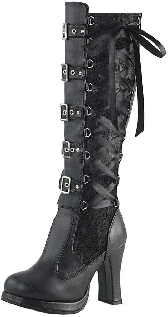 ZBYY Women's Chunky Heel Knee High Boots Vintage Punk Gothic Round Toe Lace up Ankle Buckle Chunky High Heel Platform Knight Boots