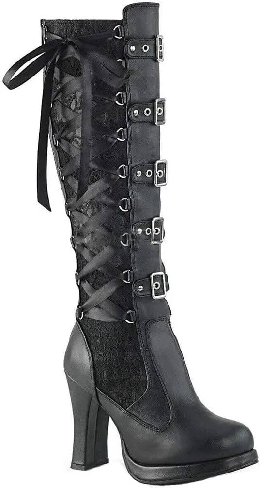 ZBYY Women's Chunky Heel Knee High Boots Vintage Punk Gothic Round Toe Lace up Ankle Buckle Chunky High Heel Platform Knight Boots