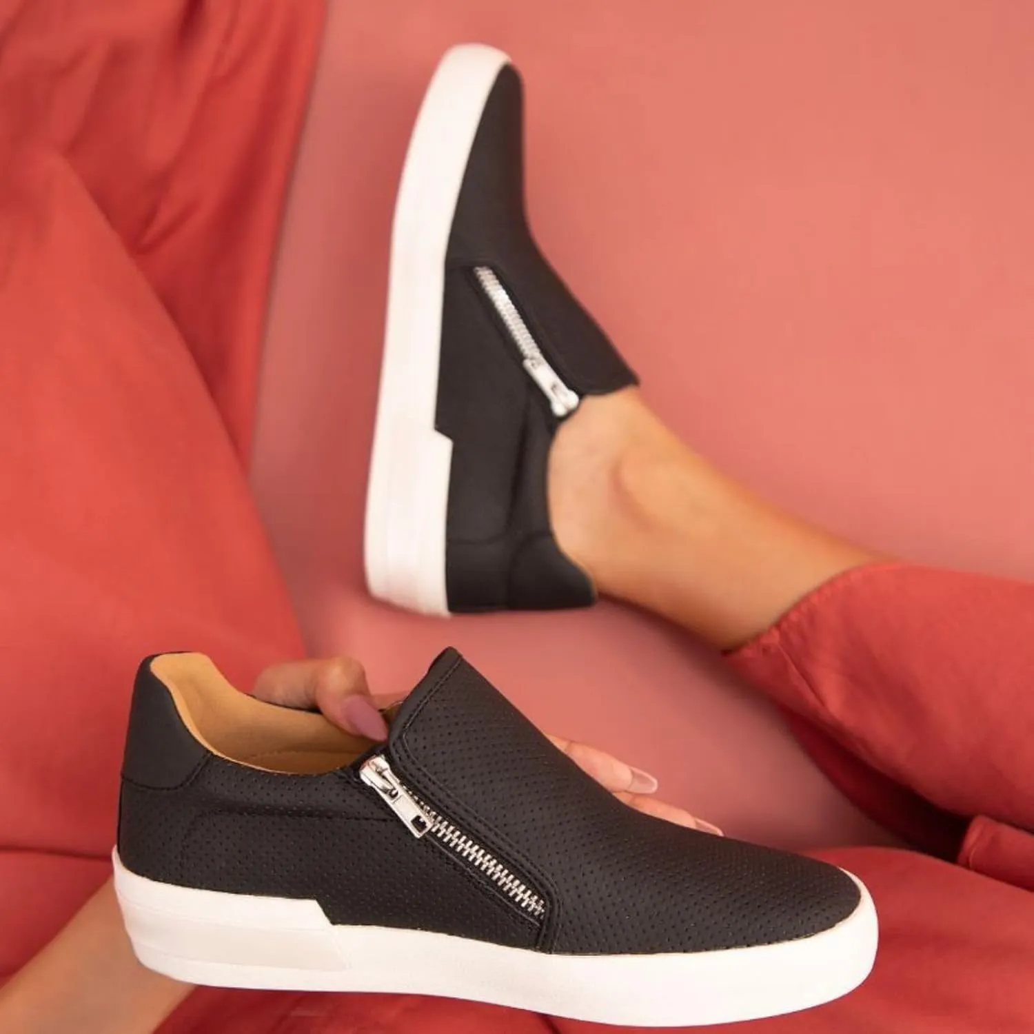 Zion Fashion Sneaker, Perforated Leather, Side Zip, White Platform Sole, Low-Top, Casual