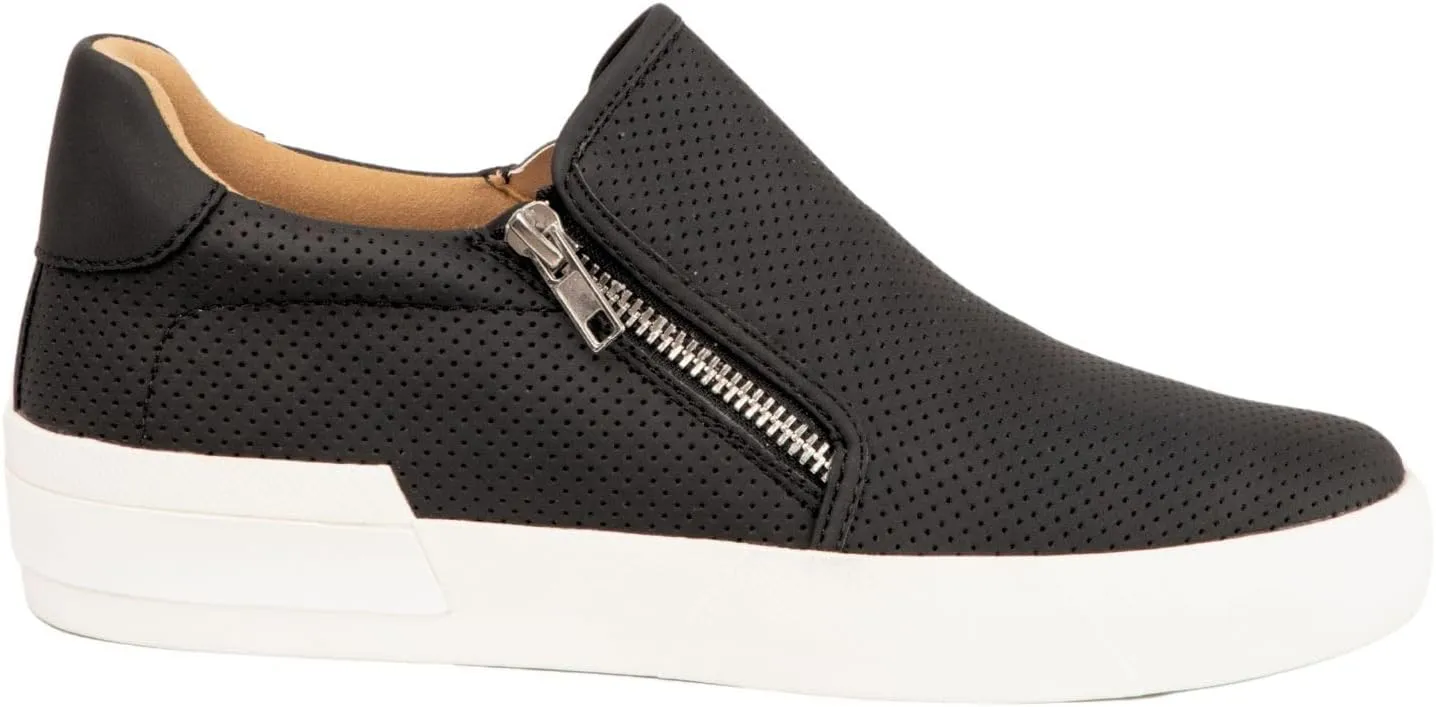 Zion Fashion Sneaker, Perforated Leather, Side Zip, White Platform Sole, Low-Top, Casual